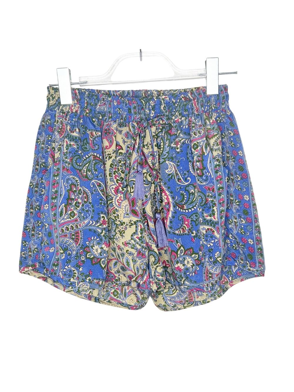 ART SILK Paisley Shorts High Waist Elastic Waist Tassel Blue Multicolor Size XS